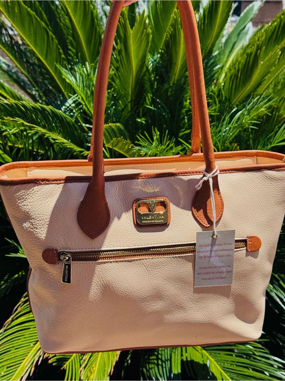 NEW! Valentina Genuine Italian Leather Cream Tan Tote $175 MSRP Made in Italy